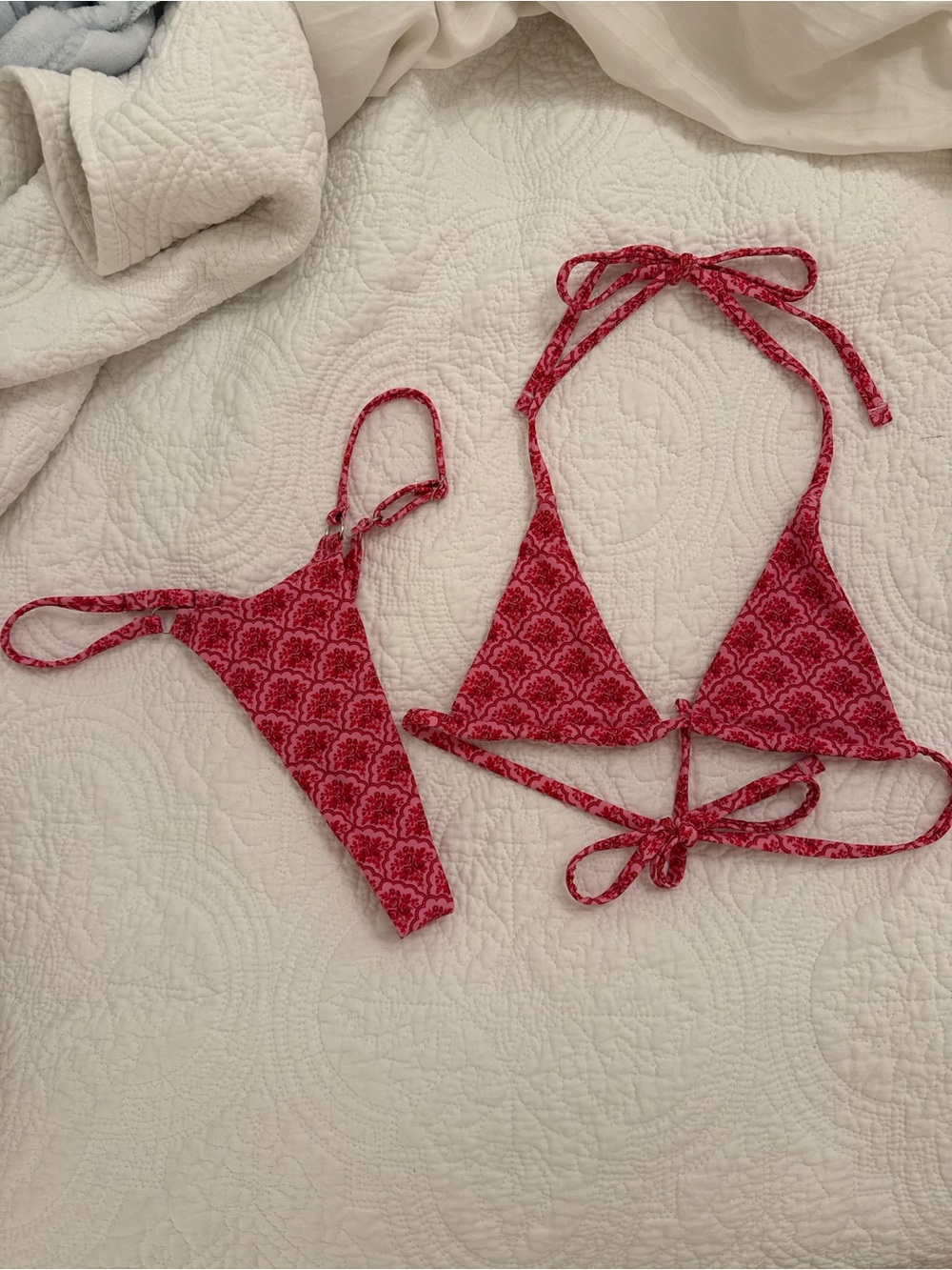 Pink Patterned Triangle Bikini Set - Women's Swimwear